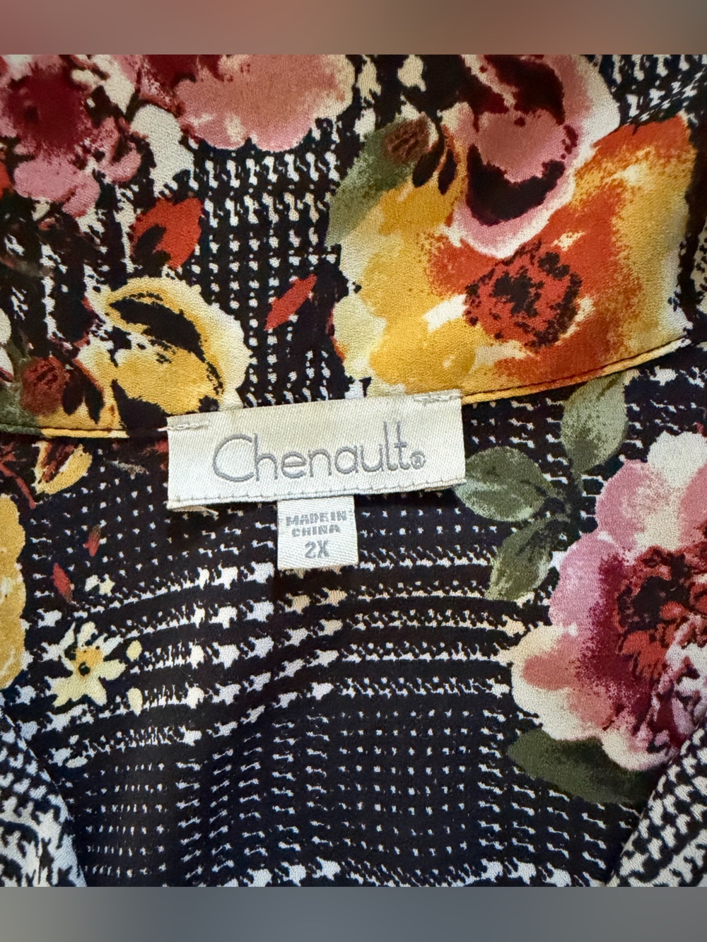 CHENAULT Floral Glen Plaid High Low Button Up Tunic Roll Tab Sleeves Top EUC - Picture 4 of 6